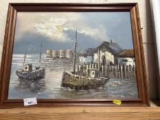 Boats in Harbour, oil on board, framed