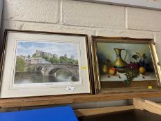 Print of Durham Castle, framed and glazed together with a still life of fruit in a gilt frame