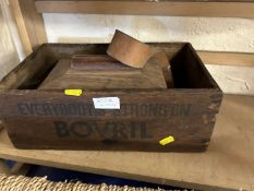 Wooden Bovril storage box together with a tea caddy and a leather belt