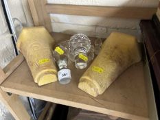 Two pottery wall pockets and a qty of decanter stoppers