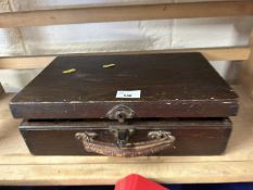 Wooden storage box with tin plate miniature train and other items