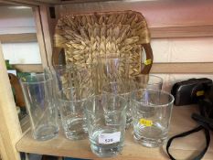 A wooden handled bread basket and a qty of glass ware