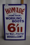 Homade (Home Made) Working Boots, enamel sign, 46cm high