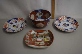 Mixed Lot: Japanese Imari pair of plates, similar circular bowl and one other (4)