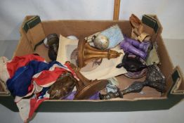 Box of mixed items to include candlesticks, small Union Jack flag, dressing table items etc