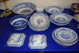 A large mixed lot including various blue and white dinner wares, wash bowl etc in a variety of