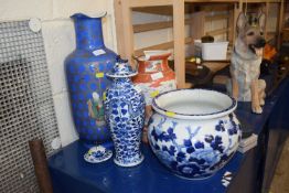 A group lot of large Chinese blue ground vase with figural decoration, blue and white vase decorated
