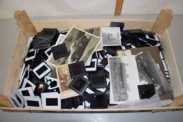 Large box of various photographic negatives, small quantity of photos, trains and motor cars