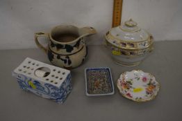 A group lot of 19th Century gilt decorated sugar base, further jug and two pin dishes
