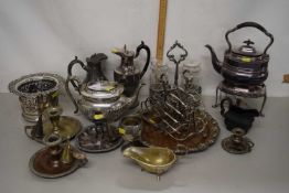 Mixed Lot: Various silver plated wares to include tea wares, bottle stand, toast racks, chamber