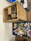 Two boxes of various shed clearance items, light bulbs, batteries, digital TV, USB sticks etc