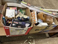 Two boxes of various shed clearance items to include light bulbs etc