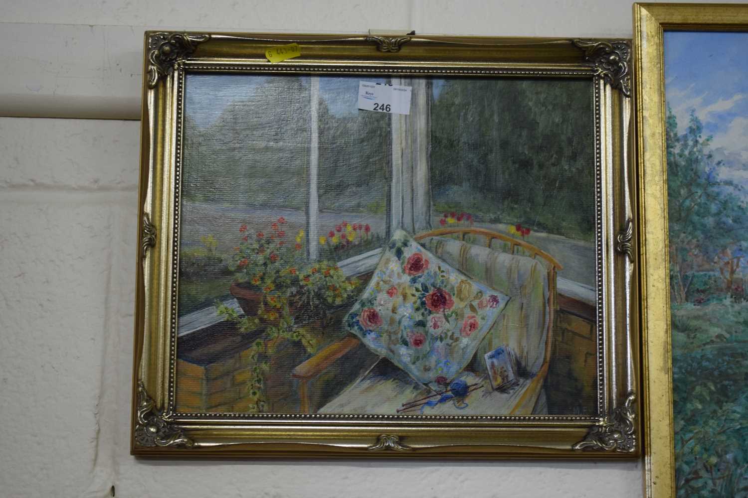 20th Century school study of an interior scene, oil on board, initialled MF