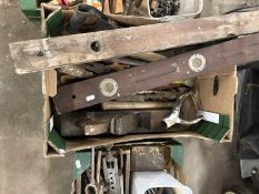 Mixed box of various items to include hammers, levels, planes etc