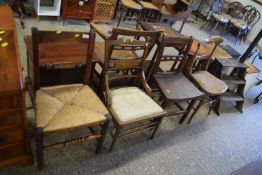 A group of four various 19th Century chairs comprising a rush seated example with rope turned
