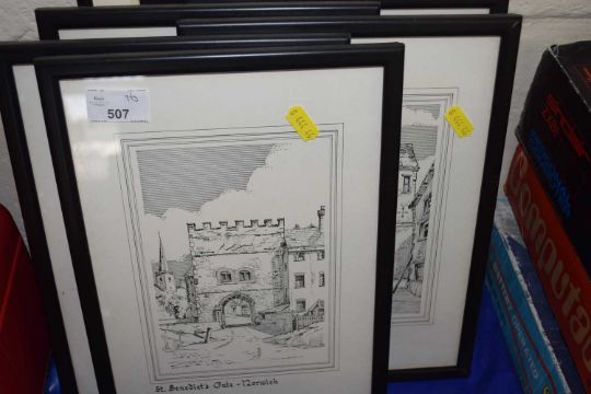 Quantity of six framed prints depicting Bishopsgate, Norwich, St Benedicts Gate, Norwich, Heigham