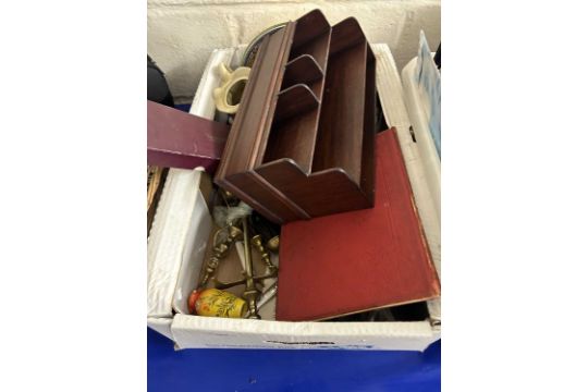 A box of various assorted ceramics, fire tool set etc