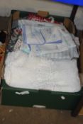 Box of floral curtains, table linen etc