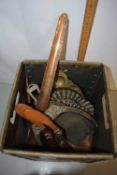 Metal box containing a quantity of copper and brass wares, brushes, plates etc