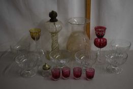 Quantity of glass wares including a glass oil lamp, various bowls, vases etc