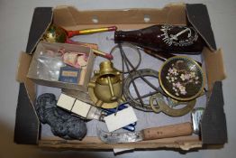 Tray containing a quantity of mainly metal items, small cloisonne saucer, miniature brass morter and