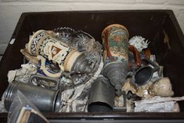 A box of various items to include German beer steins, pewter tankards, cut glass wares etc