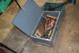 Heavy duty wooden toolbox including tools, saws, hammers, pliers etc