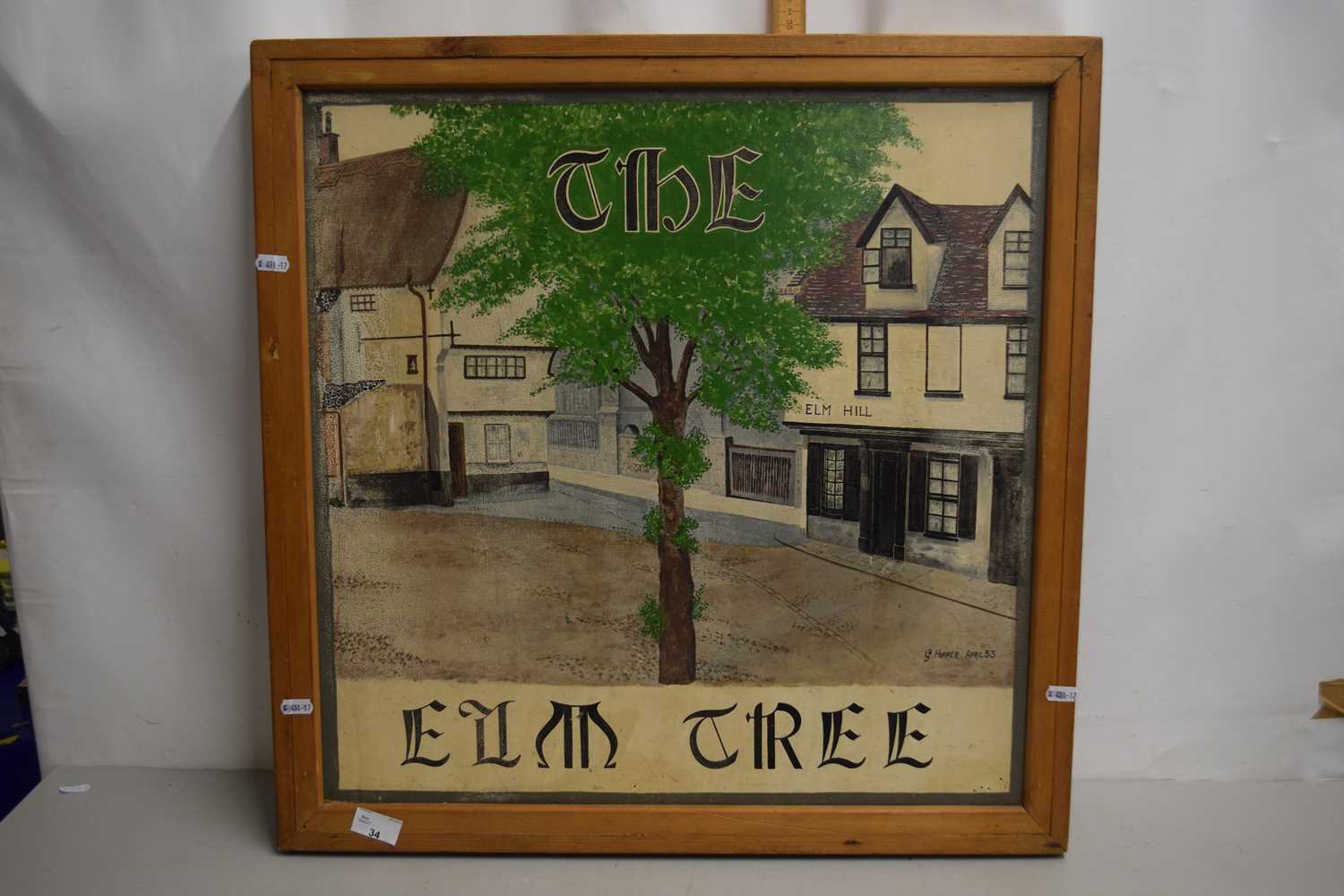 A vintage painted double sided sign The Elm Tree in pine frame