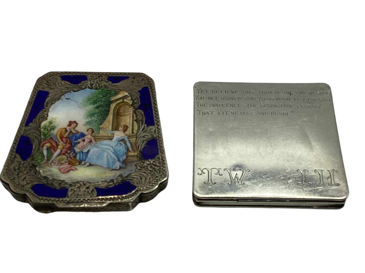 Two continental white metal compacts. One with transfer printed scene marked 800. Together with an - Image 2 of 9