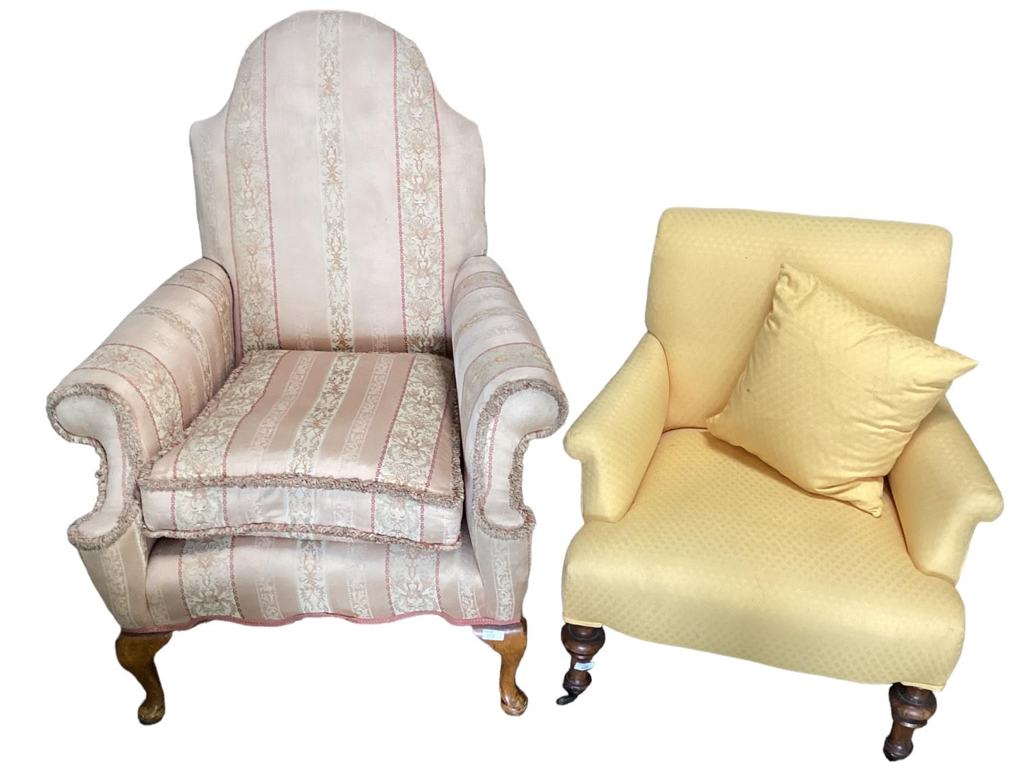 A small yellow upholstered bedroom chair, on turned feet to castors, and another upholstered arm