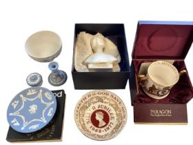 A collection of Wedgwood and Paragon China Royal Commemorative ceramic items . All boxed with