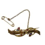 9ct gold ruby sapphire and diamond brooch with safety chain, 1.8g
