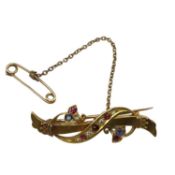 9ct gold ruby sapphire and diamond brooch with safety chain, 1.8g