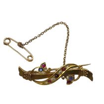 9ct gold ruby sapphire and diamond brooch with safety chain, 1.8g