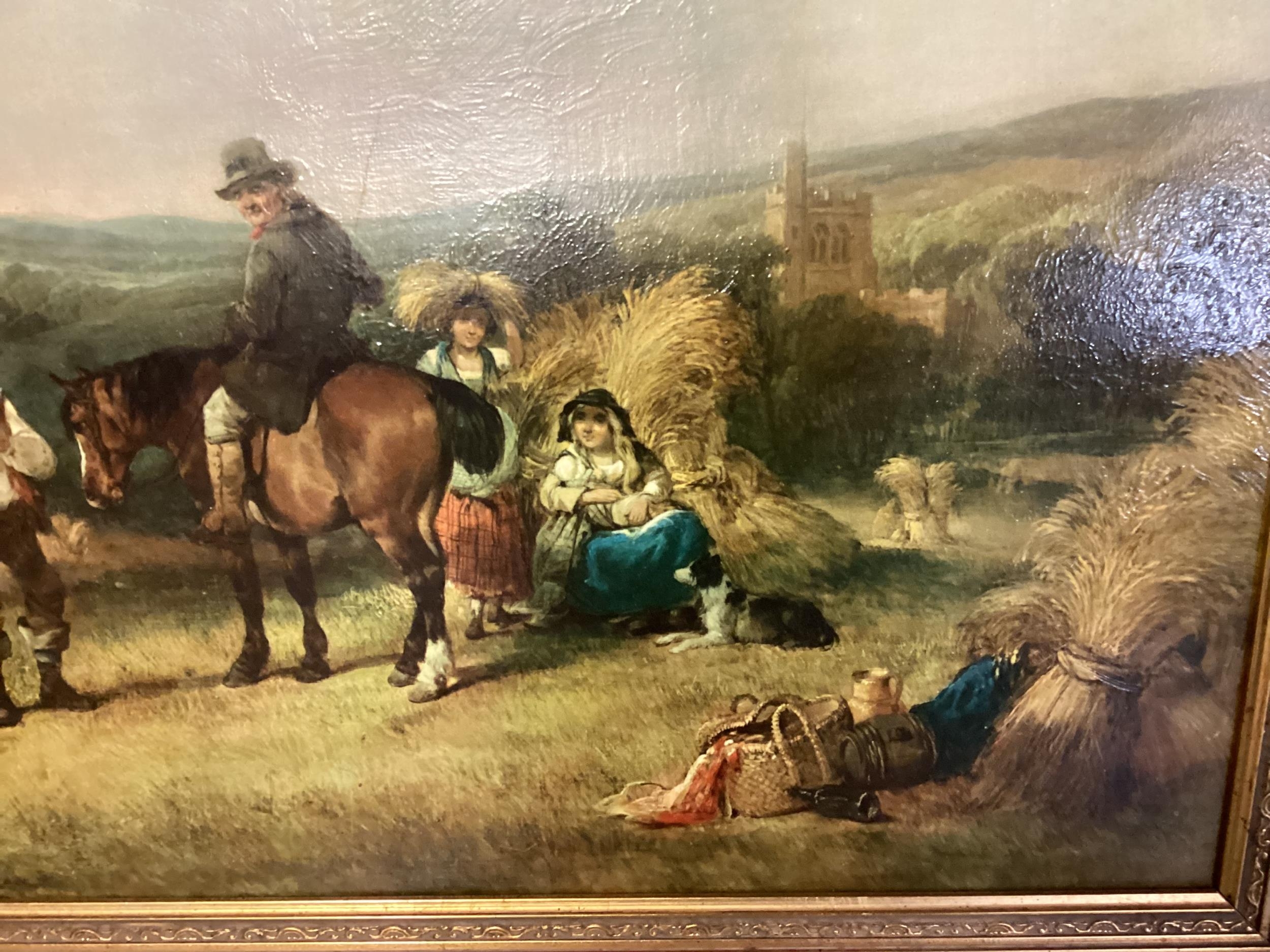 After William Shayer, a gilt framed picture of a C19th Harvest Scene; a Watercolour titled Mousehole - Image 9 of 12