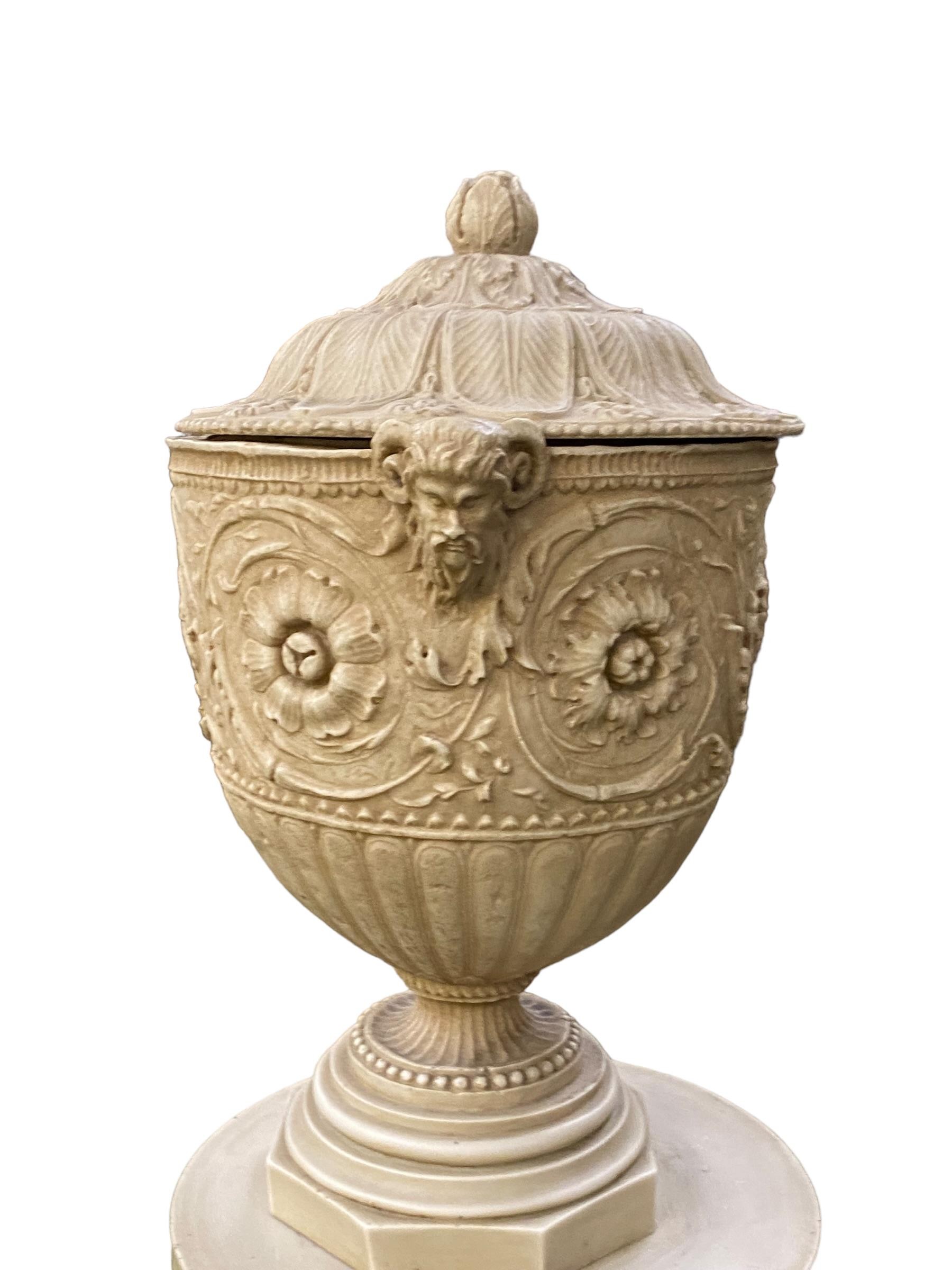 Pair of decorative pedestals, surmounted with lidded urns with satyr masks on composite half - Image 5 of 6