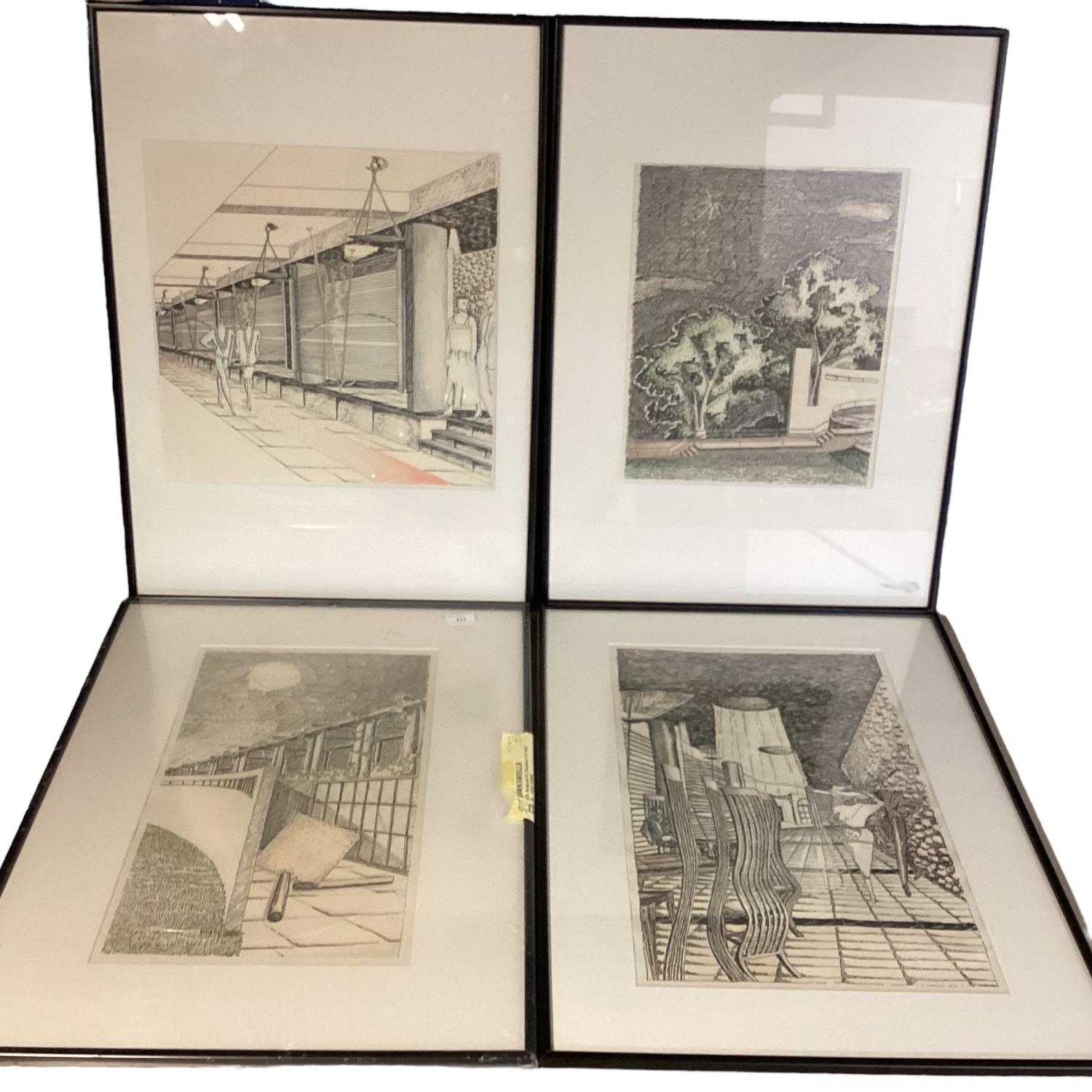 Four woodcut style prints in matching glazed ebonized frames 50 cmx 28 cm