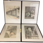 Four woodcut style prints in matching glazed ebonized frames 50 cmx 28 cm