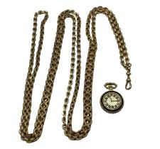 A yellow metal long gaurd watch chain marked 9ct to lobster clasp together with a yellow metal and