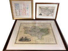 A framed map of The County of Kent by CJ Greenwood and one other together with a framed
