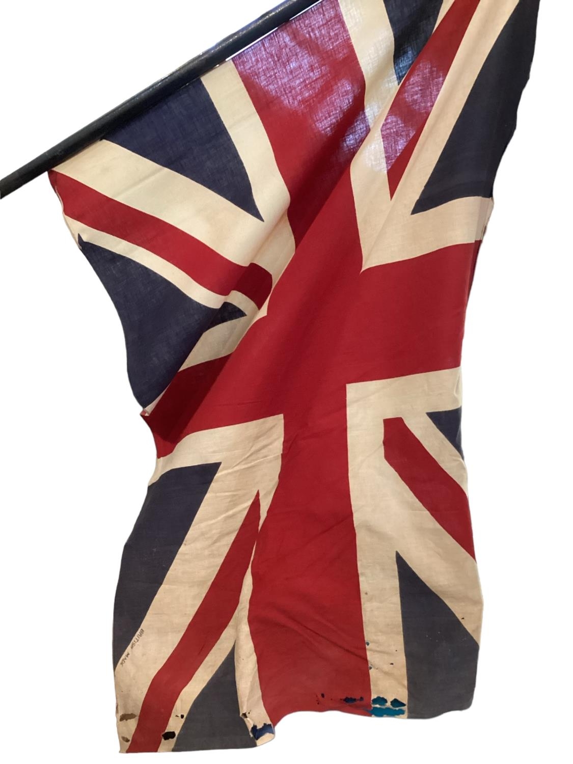 A late C19th/early C20th union jack on wooden staff, with pointed finial 224cm long, wear and losses - Image 2 of 2