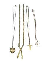 A collection of 9ct items to include a flat link necklace crucifix, heart locket etc. 6.9g.