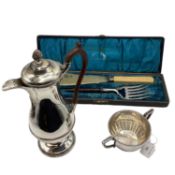 An Oriental white metal sugar bowl, and a plated coffee pot and boxed fish slice, as found
