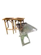 Pair of bamboo style side tables with black inset top, and a small folding perspex side table,