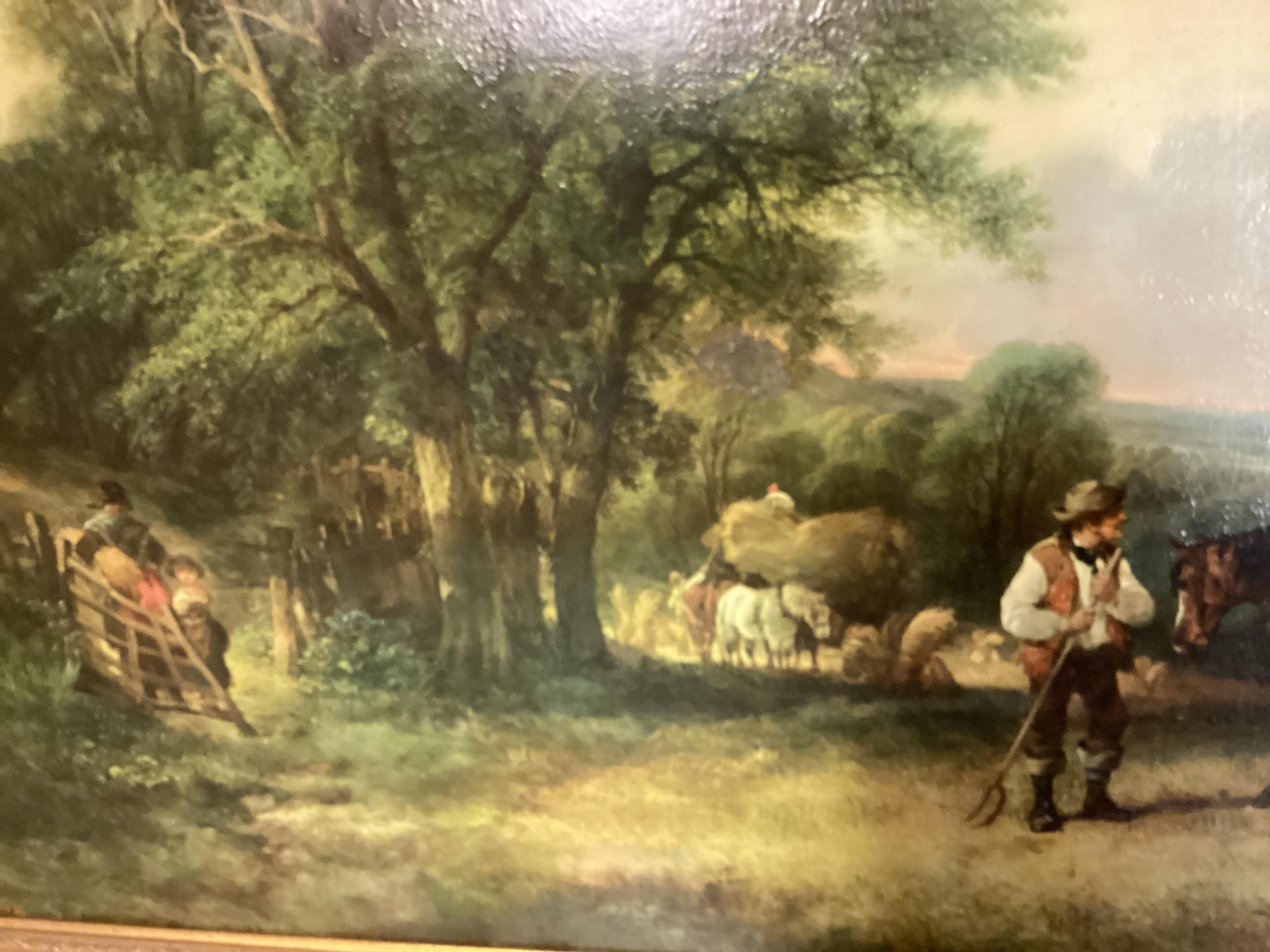 After William Shayer, a gilt framed picture of a C19th Harvest Scene; a Watercolour titled Mousehole - Image 8 of 12