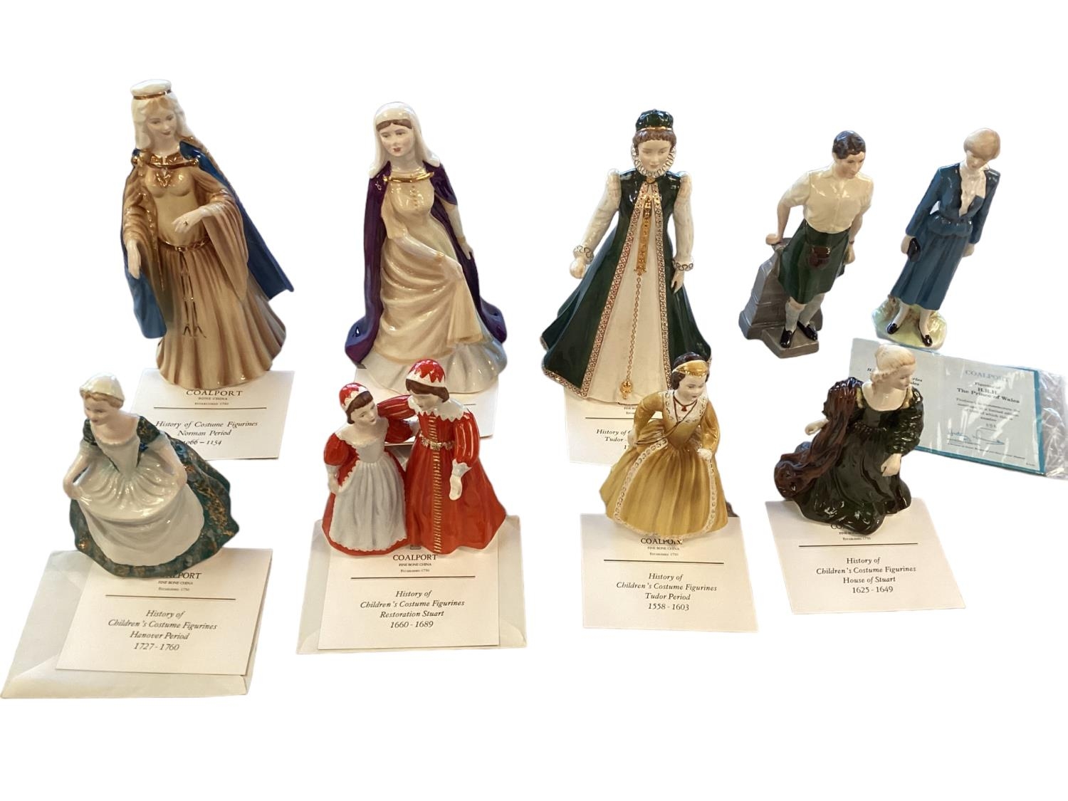 A collection of Coalport figurines. House of Tudor, Stuart and Plantagenet. Six boxed, all with