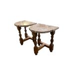 Pair of marble topped hall tables and turned heavy oak bases. 68 cm W x 55 cm D x 75 cm H.