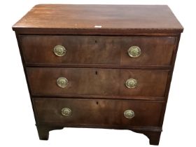 Small Edwardian mahogany chest of three long drawers, with brass drop handles CONDITION REPORT: No