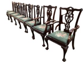 Set of 8 Chippendale style dining chairs with drop in upholstered seats, inc 2 carvers 107 cm H x 63