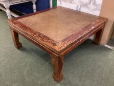 A large square wooden coffee table and a bureau, sold as seen, general wear